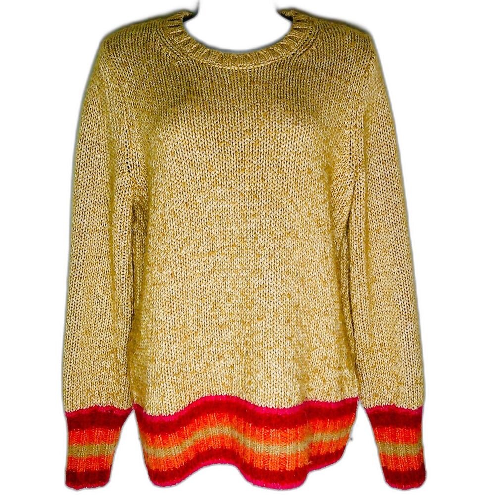 GAP TAN & HOT PINK STRIPED WOOL & ALPACA CREW NECK KNIT SWEATER. WOMEN'S MEDIUM